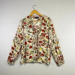 Indigo Poppy Womans Medium Boho Cottagecore‎ Cream & Red Floral  Blouse Top